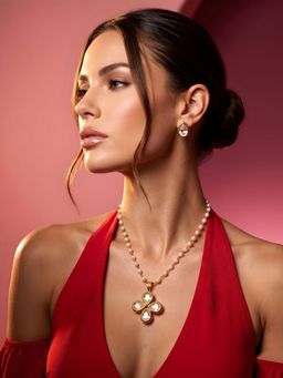 ADIVA - Gold-Plated Pearl Chain Kundan Floral Jewellery Set