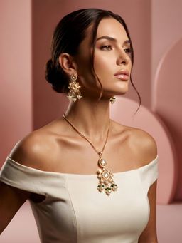 ADIVA - Gold-Plated Green Pearl Drop Polki Kundan Ad Stone Jewellery Set