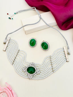 Abdesigns - Enchanting Polki American Diamond Choker Necklace Green