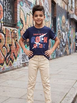 3PIN - Boys Cotton Printed Round Neck T-shirt-Navy Blue