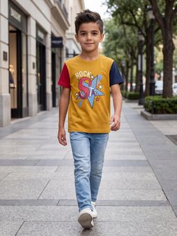 3PIN - Boys Cotton Printed Round Neck T-shirt-Mustard