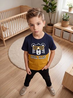 3PIN - Boys Cotton Printed Round Neck T-shirt-Navy Blue