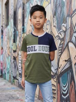 3PIN - Boys Cotton Printed Round Neck T-shirt-Olive