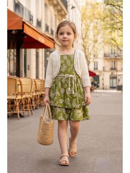 Lagorii - Olive Green Printed Dress with Crochet Shrug
