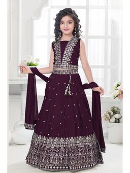 Lagorii - Wine Embroidered Lehenga and Choli with Dupatta