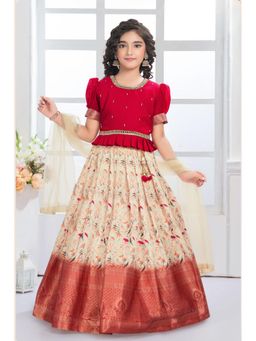 Lagorii - Red Pattu Pavadai with Floral Skirt With Zari Border