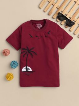 FOURFOLDS - Boys Maroon Cotton Blend Half Sleeves Printed T-shirt