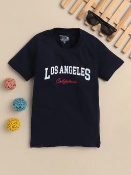 FOURFOLDS - Boys Navy Blue Cotton Blend Half Sleeves Printed T-shirt