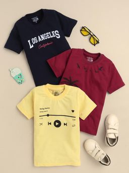 FOURFOLDS - Boys Yellow Cotton Blend Half Sleeves Printed T-shirts (Pack of 3)