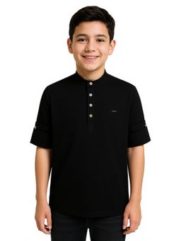 CHARCHIT - Full Sleeves Solid Kurta Style Shirt-Black