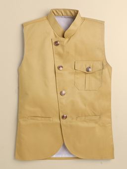 FOURFOLDS - Boys Beige Cotton Blend Solid Bandhgala Waistcoat