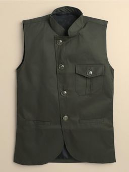 FOURFOLDS - Boys Olive Cotton Blend Solid Bandhgala Waistcoat