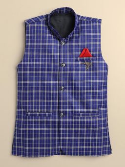 FOURFOLDS - Boys Blue Cotton Blend Checked Bandhgala Waistcoat