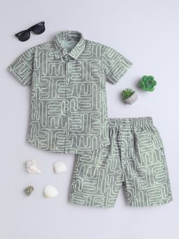 FOURFOLDS - Boys Light Green Cotton Blend Printed Co-Ord Set