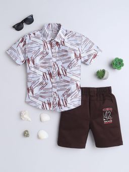 FOURFOLDS - Boys Brown Cotton Blend Abstract Print Shirt and Shorts