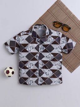 FOURFOLDS - Dark Brown Cotton Blend Geometric Print Shirt