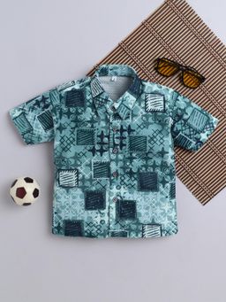 FOURFOLDS - Teal Cotton Blend Print Shirt