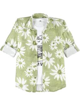 CHARCHIT - Full Sleeves Floral Printed Casual Shirt whit T-shirt-Green