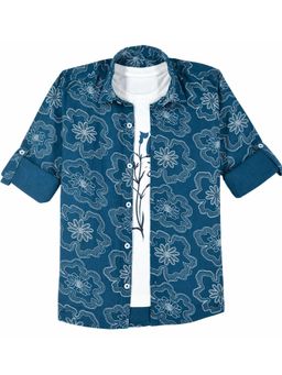 CAVIO - Floral Print Casual Shirt with T-shirt-Teal