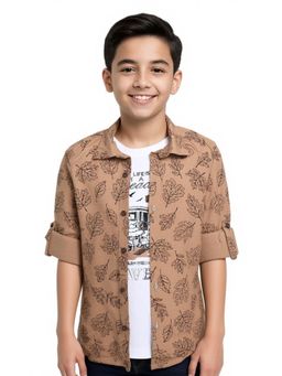 CAVIO - Floral Print Casual Shirt with T-shirt-Brown