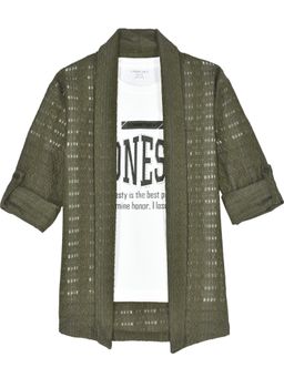 CHARCHIT - Boys Printed Textured Casual Shrug and T-Shirt-Olive