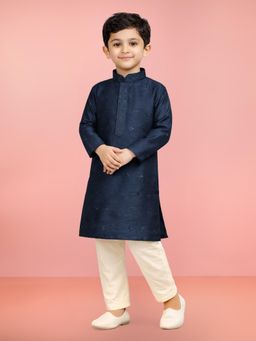 JBN Creation - Navy Blue Silk Blend Thread Embroidered Kurta with Pyjama
