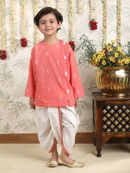 Polka Tots - Peach Cotton Full Sleeve Christmas Tree Print Kurta and Dhoti