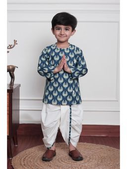Polka Tots - Blue Cotton Full Sleeve Bird Print Kurta and Dhoti