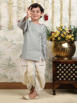 Polka Tots - Grey Cotton Full Sleeve Detailing Print Kurta and Dhoti