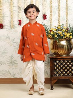 Polka Tots - Orange Cotton Full Sleeve Ethnic Motif Kurta and Dhoti