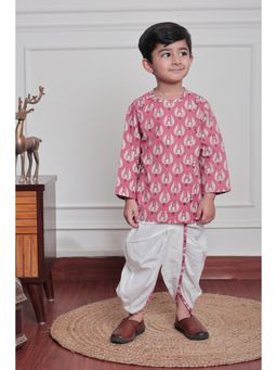 Polka Tots - Pink Cotton Full Sleeve Bird Print Kurta and Dhoti