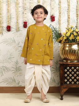 Polka Tots - Mustard Cotton Full Sleeve Embroidery Kurta and Dhoti