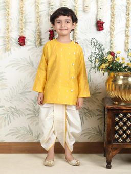 Polka Tots - Yellow Cotton Full Sleeve Ethnic Motif Print Kurta and Dhoti