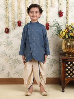 Polka Tots - Blue Cotton Full Sleeve Ethnic Motif Print Kurta and Dhoti