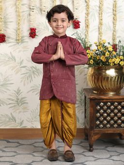 Polka Tots - Maroon Cotton Full Sleeve Ethnic Motif Print Kurta and Dhoti