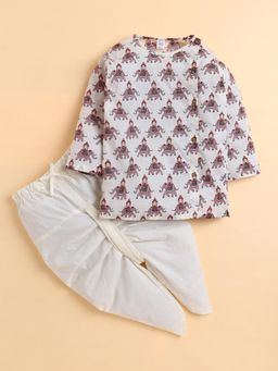 Polka Tots - Maroon Cotton Full Sleeve Elephant Print Kurta and Dhoti