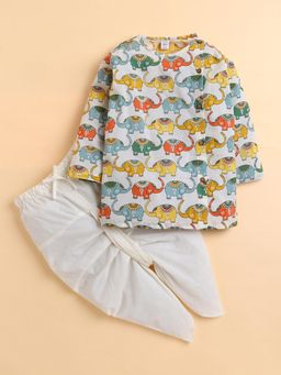 Polka Tots - Multi-Color Cotton Full Sleeve Elephant Print Kurta and Dhoti