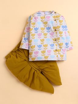 Polka Tots - Multi-Color Cotton Full Sleeve Lotus Print Kurta and Dhoti