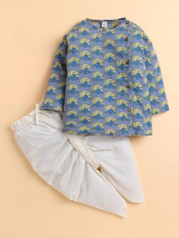Polka Tots - Blue Cotton Full Sleeve Moustache Print Kurta and Dhoti