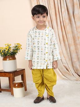 Polka Tots - Mustard Cotton Full Sleeve Cartoon Print Kurta and Dhoti
