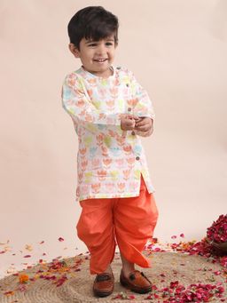 Polka Tots - Orange Cotton Full Sleeve Lotus Print Kurta and Dhoti