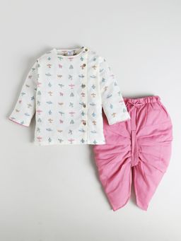 Polka Tots - Pink Cotton Full Sleeve Multi Airplane Print Kurta and Dhoti