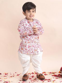 Polka Tots - Pink Cotton Full Sleeve Jungle Safari Print Kurta and Dhoti