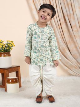 Polka Tots - White Cotton Full Sleeve Village Print Kurta and Dhoti
