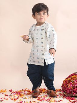 Polka Tots - Navy Blue Cotton Full Sleeve Airplane Print Kurta and Dhoti
