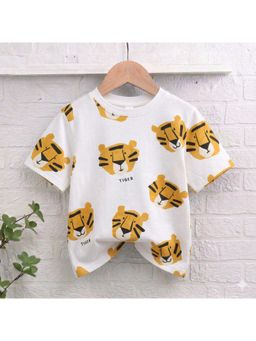 Googo Gaaga - White Boys Cotton Tiger Printed Round Neck Half Sleeve T-shirt