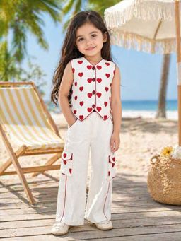 Vastramay - Girls Red Cotton Thread Embroidered Co-Ord Set