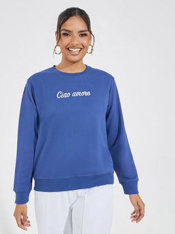 Styli - Women Blue Regular Length Sweatshirt with Embroidery