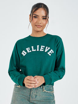 Styli - Women Green Regular Fit Short Length Embroidered Sweatshirt