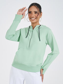 Styli - Women Green Regular Length Half Zipper Hooded Sweatshirt